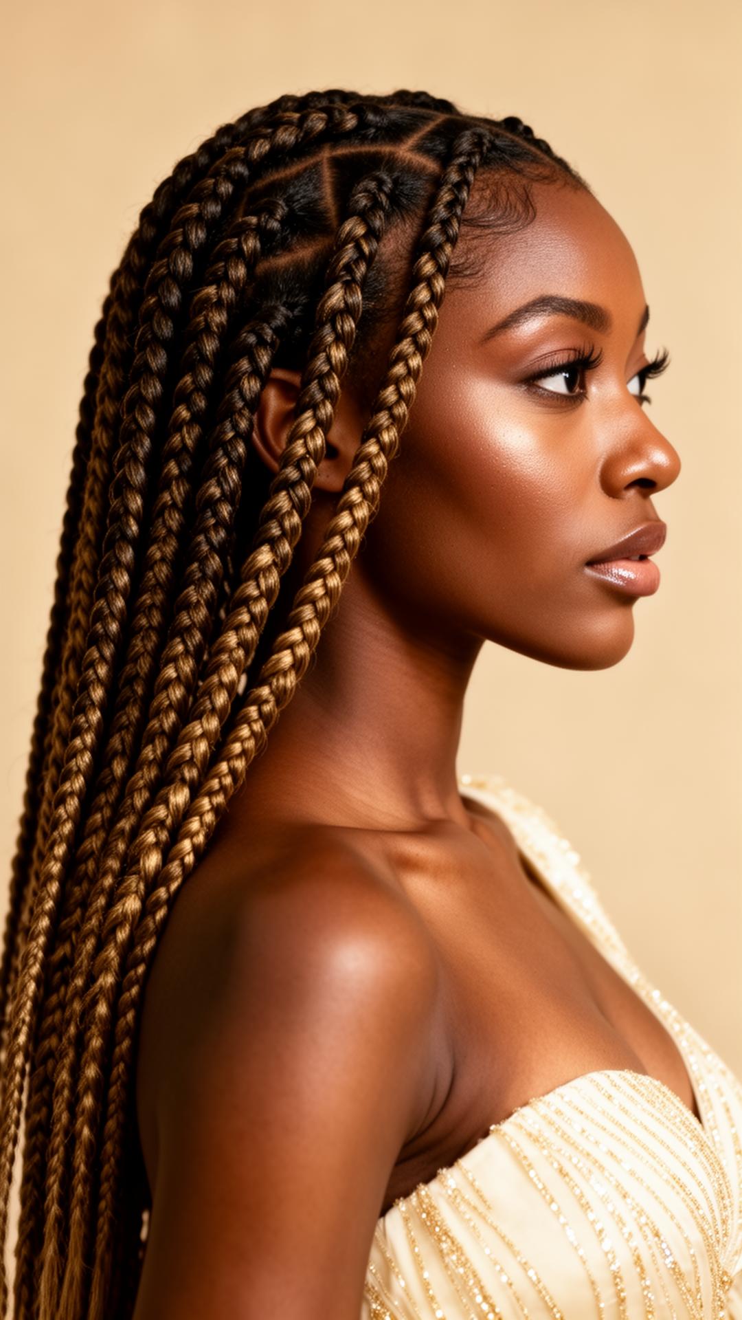 Editorial portrait of a model wearing knotless braids